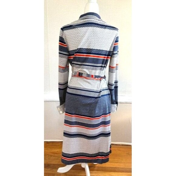 Vintage Alta Costura Long-Sleeve Striped Pattern Collared Midi Dress With Belt - Picture 4 of 10